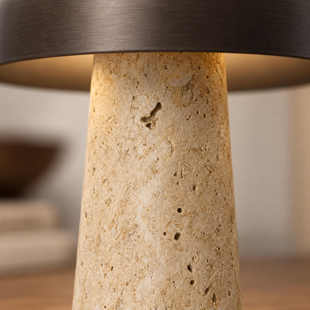 Contemporary Table Lamp Adjustable Height Natural Travertine Base Aluminum Shade Dimmable Design