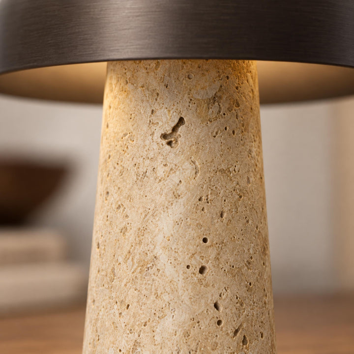 Contemporary Table Lamp Adjustable Height Natural Travertine Base Aluminum Shade Dimmable Design