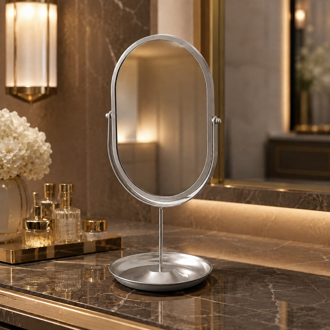 Modern Oval Makeup Mirror 360° Rotating Desktop Stand Wrought Iron Frame with HD Glass