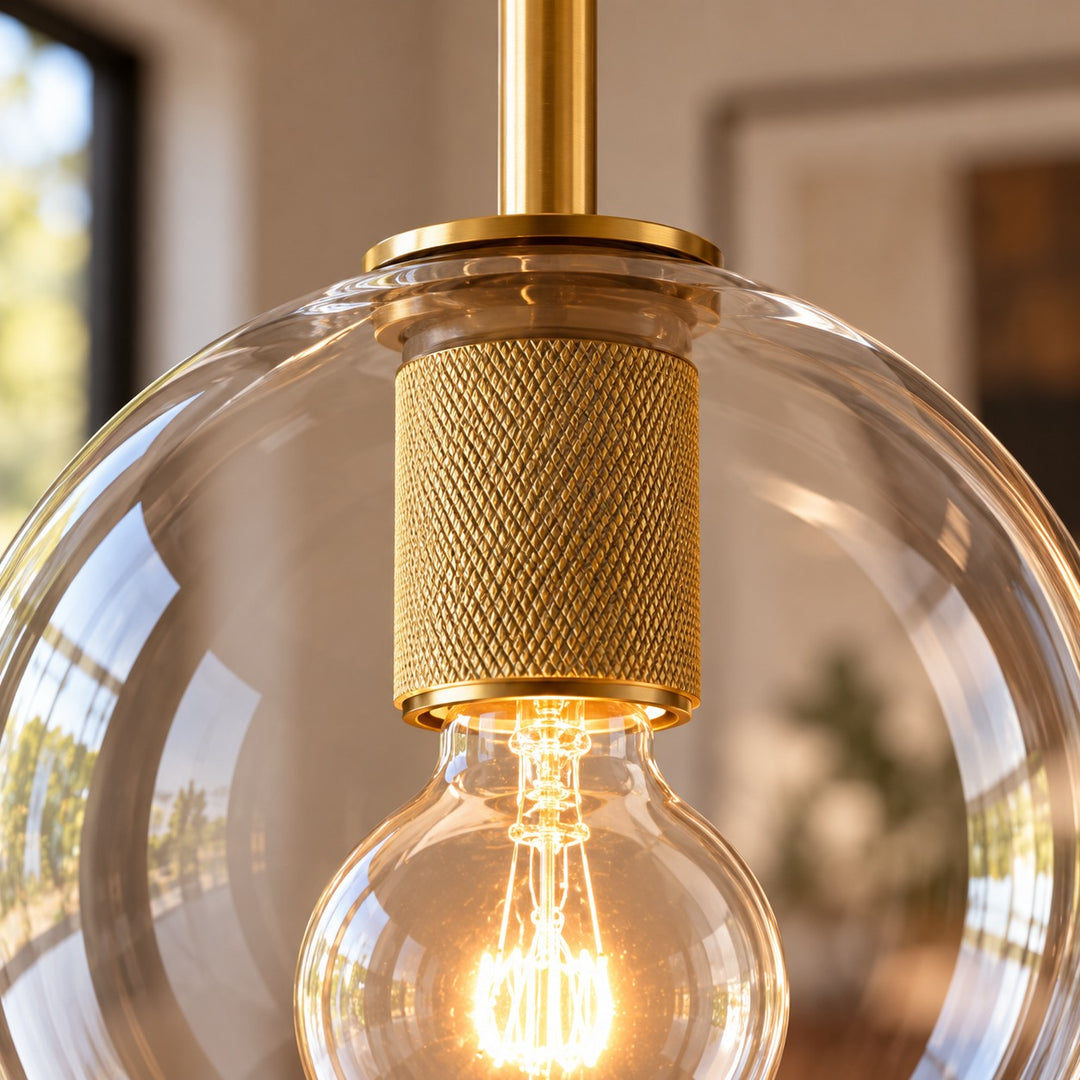 Modern Clear Glass Globe Pendant Light with Brass Finish – E27 Ceiling Light