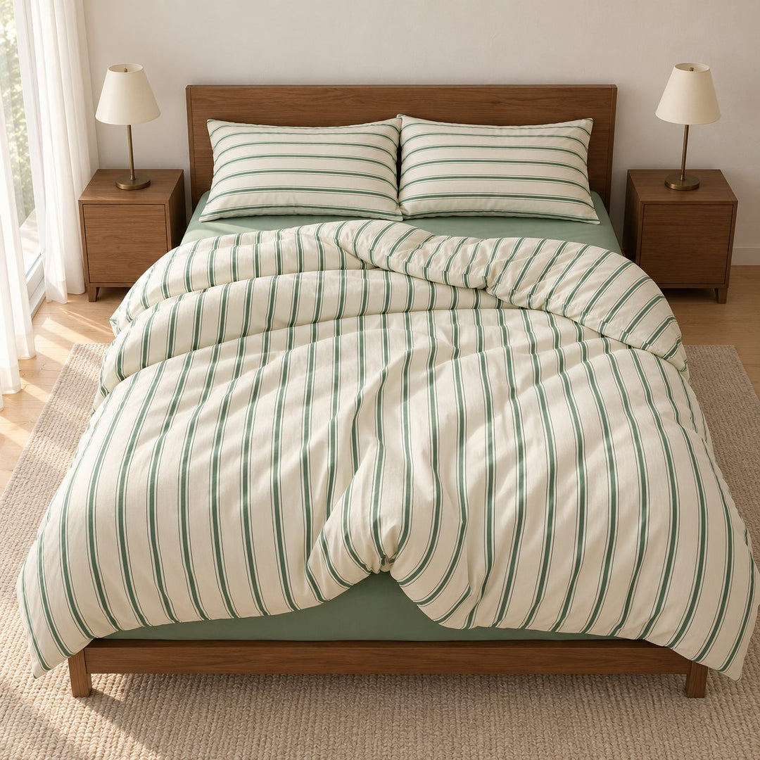 Minimalist Bedding Set Green Striped Duvet Cover Polyester Lightweight Soft Comfortable