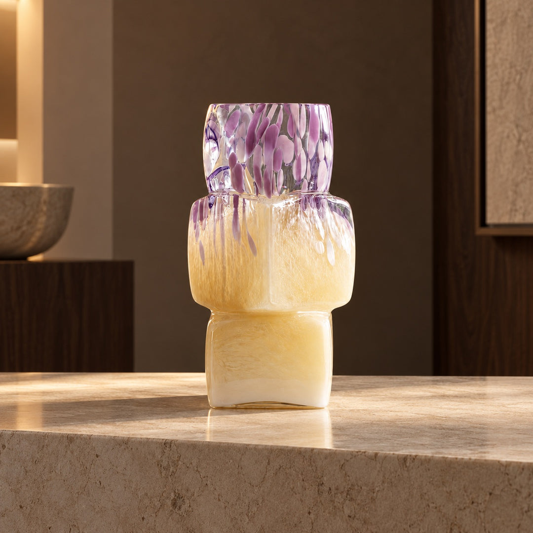 Modern Glass Vase Cube-Form Handcrafted Yellow Lavender Speckled Design 30cm Home Decor