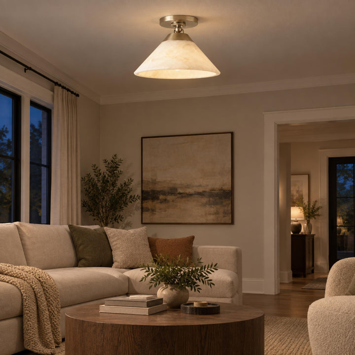 Modern Flush Mount Ceiling Light Alabaster Shade LED 12 Inch Diameter Energy Efficient