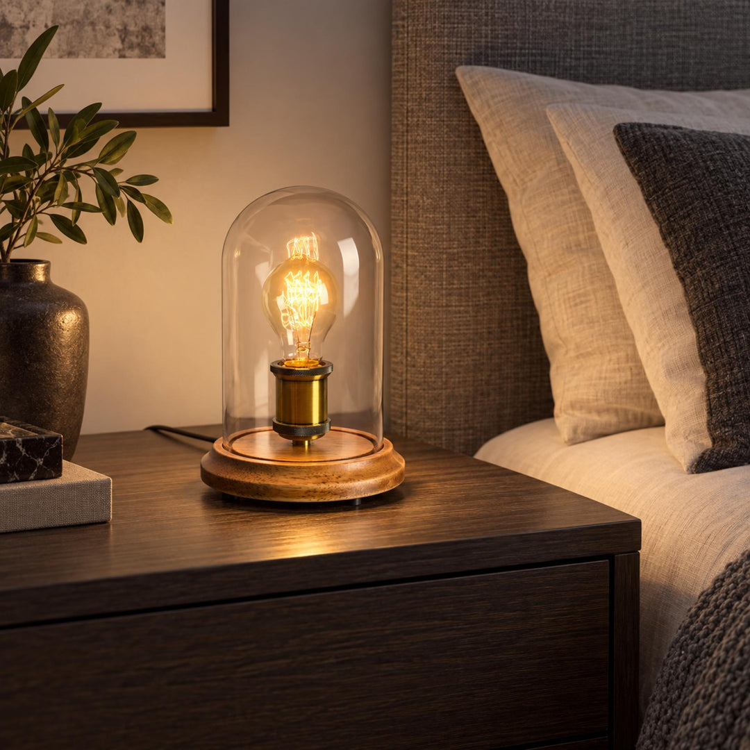 Modern Table Lamp with Glass Dome and Solid Wood Base for Bedroom and Nightstand Use