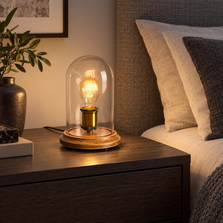 Modern Table Lamp with Glass Dome and Solid Wood Base for Bedroom and Nightstand Use