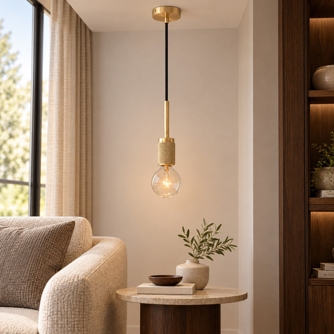 Modern Brass Pendant Light with Exposed E27 Bulb – Minimalist Ceiling Light