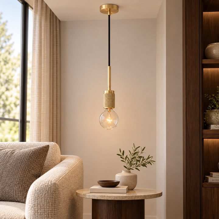 Modern Brass Pendant Light with Exposed E27 Bulb – Minimalist Ceiling Light