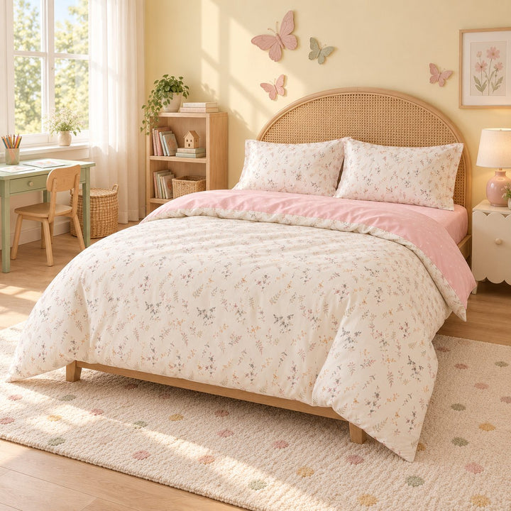 Floral Print Bedding Set in Pale Pink Color Soft Polyester Duvet Cover and Flat Sheet