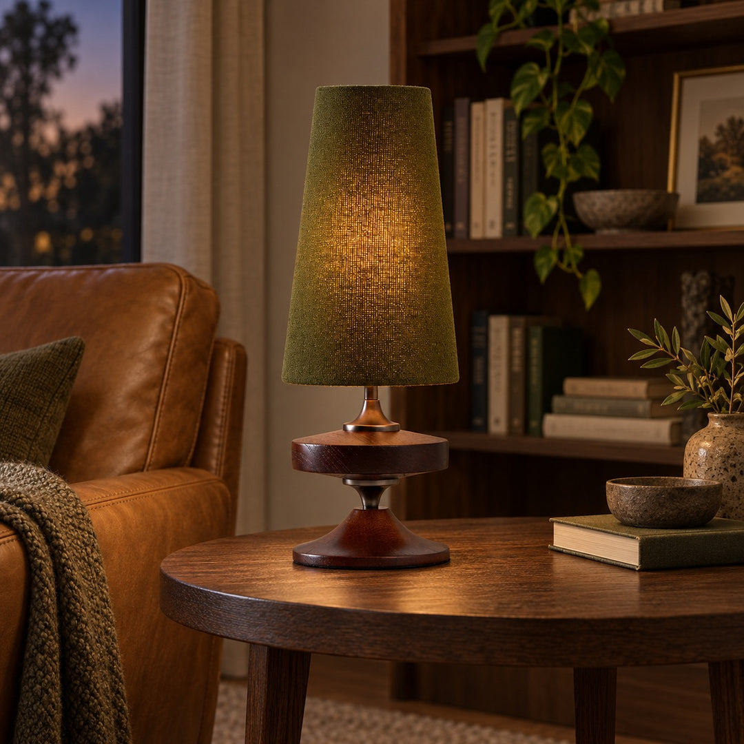 Modern Table Lamp with Tapered Fabric Shade and Walnut Wood Base Dimmable Plug-in Design