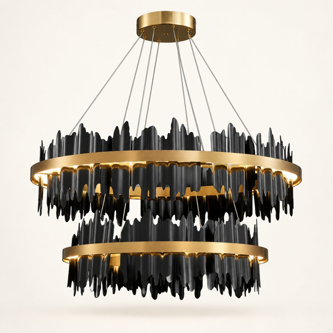 Modern Chandelier Adjustable Height Metal LED Dimmable Black Gold Finish Hanging Light Fixture