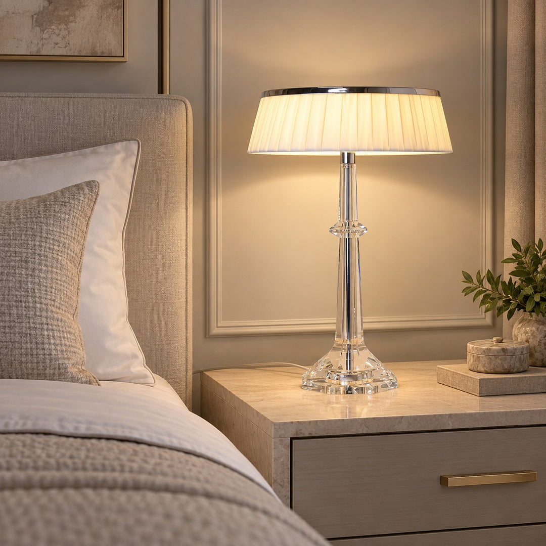 Modern Table Lamp Adjustable Height LED Edge Lighting Chrome Fabric Shade K9 Crystal Base