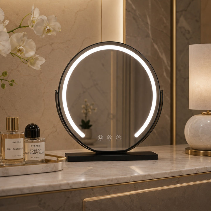 Modern Makeup Mirror with Lights Tabletop Adjustable 15x Magnification LED Energy Efficient