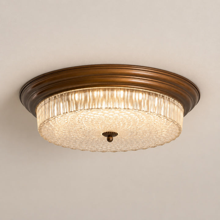 Vintage Brass & Ribbed Glass LED Flush Mount Ceiling Light