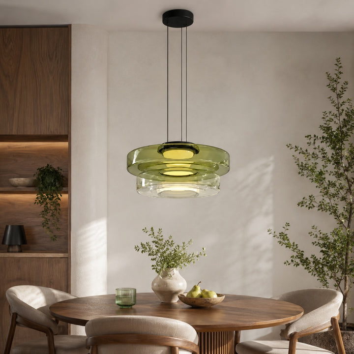 Modern Glass Pendant Light Hanging Fixture with Adjustable Height Dimmable LED and Iron Finish