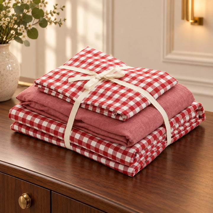 Classic Gingham Bedding Set Cotton Duvet Covers with Invisible Zipper and Corner Ties