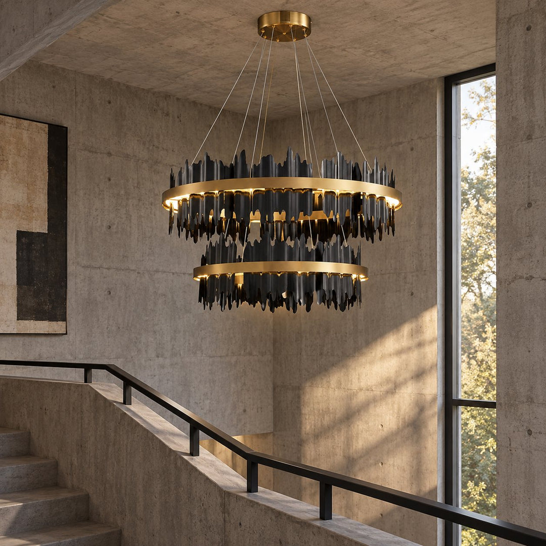 Modern Chandelier Adjustable Height Metal LED Dimmable Black Gold Finish Hanging Light Fixture
