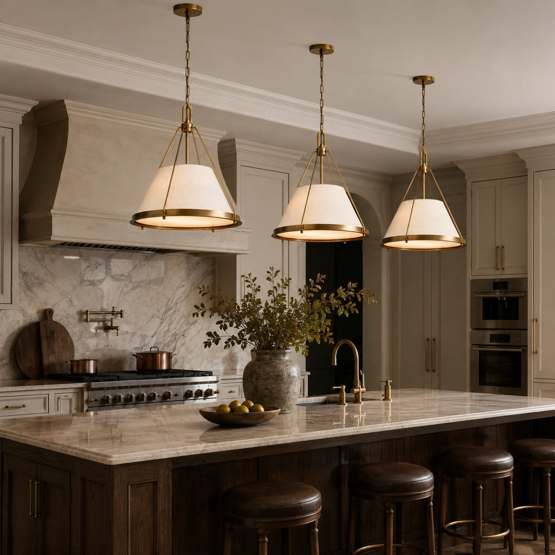 Modern Brass Pendant Light Hanging Linen Fabric Shade Chain Fixture for Kitchen Island Dining Room