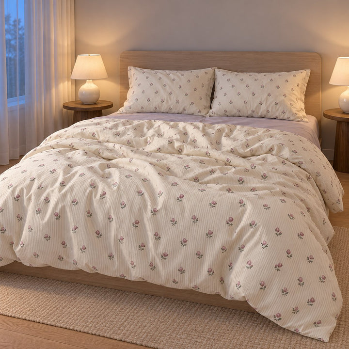 Vintage Floral Print Bedding Set Polyester Duvet Cover Flat Sheet Pillow Case Cozy Design