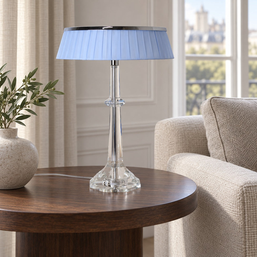 Modern Table Lamp Adjustable Height LED Edge Lighting Chrome Fabric Shade K9 Crystal Base