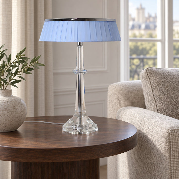 Modern Table Lamp Adjustable Height LED Edge Lighting Chrome Fabric Shade K9 Crystal Base