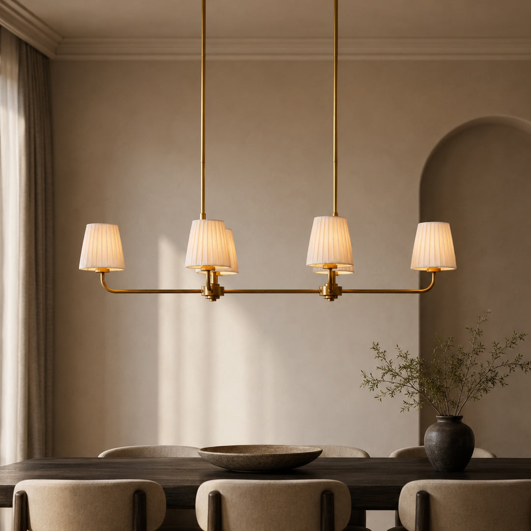 Luxury Brass Linear Chandelier with 6 Pleated Fabric Shades – Modern Adjustable Dining Room & Kitchen Island Pendant Light
