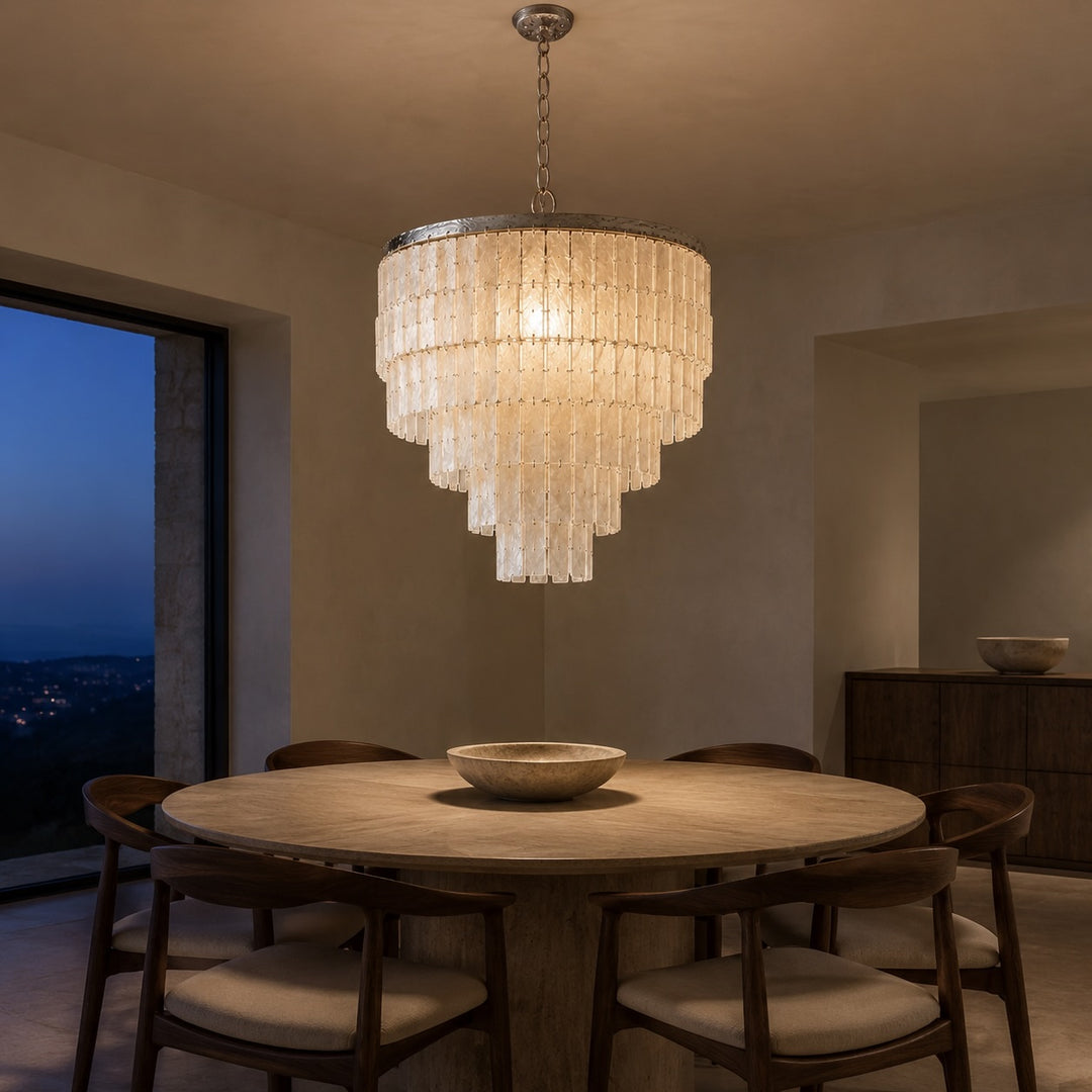 Coastal Style Chandelier Light Pendant with Adjustable Metal Frame and Natural Shell Panels for Soft Illumination