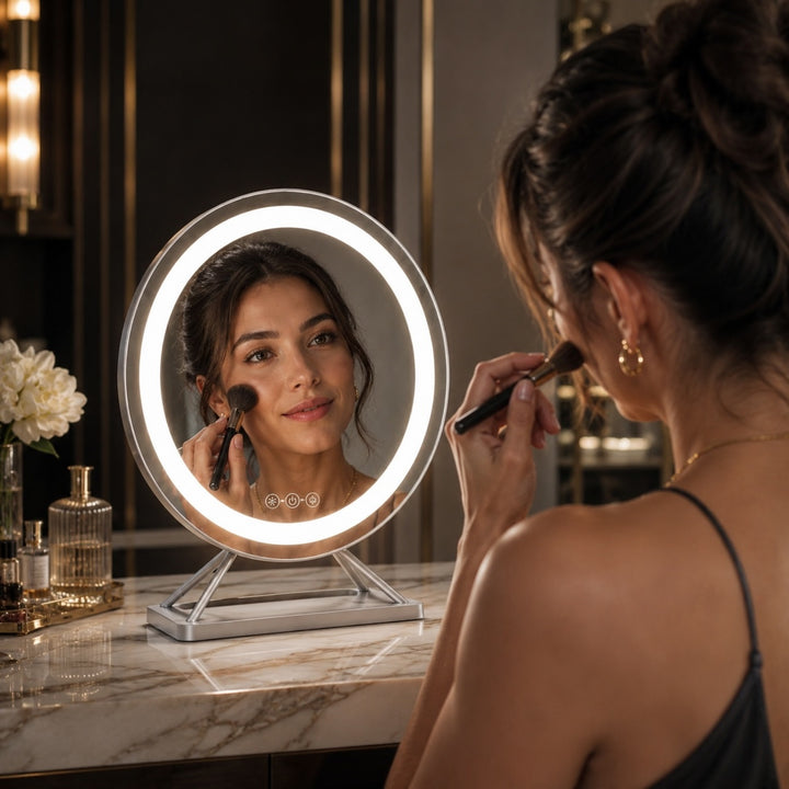 Dimmable Round Makeup Mirror with 15x Magnification and LED Lights for Vanity Desktop Use