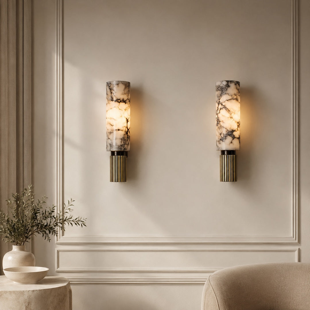 Contemporary Wall Light Wall Mounted Alabaster Cylinder Fluted Copper Base LED Sconce 38cm