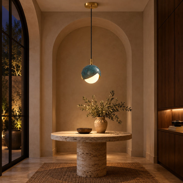 Modern Deep Sea Blue Glass Globe Pendant Light with Brass – G9 Ceiling Light