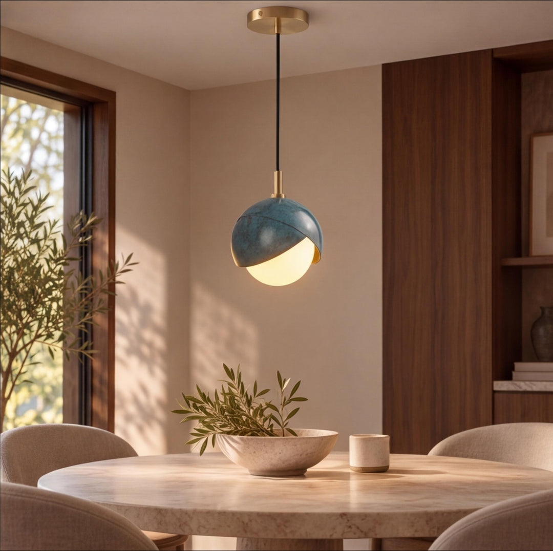 Modern Deep Sea Blue Glass Globe Pendant Light with Brass – G9 Ceiling Light