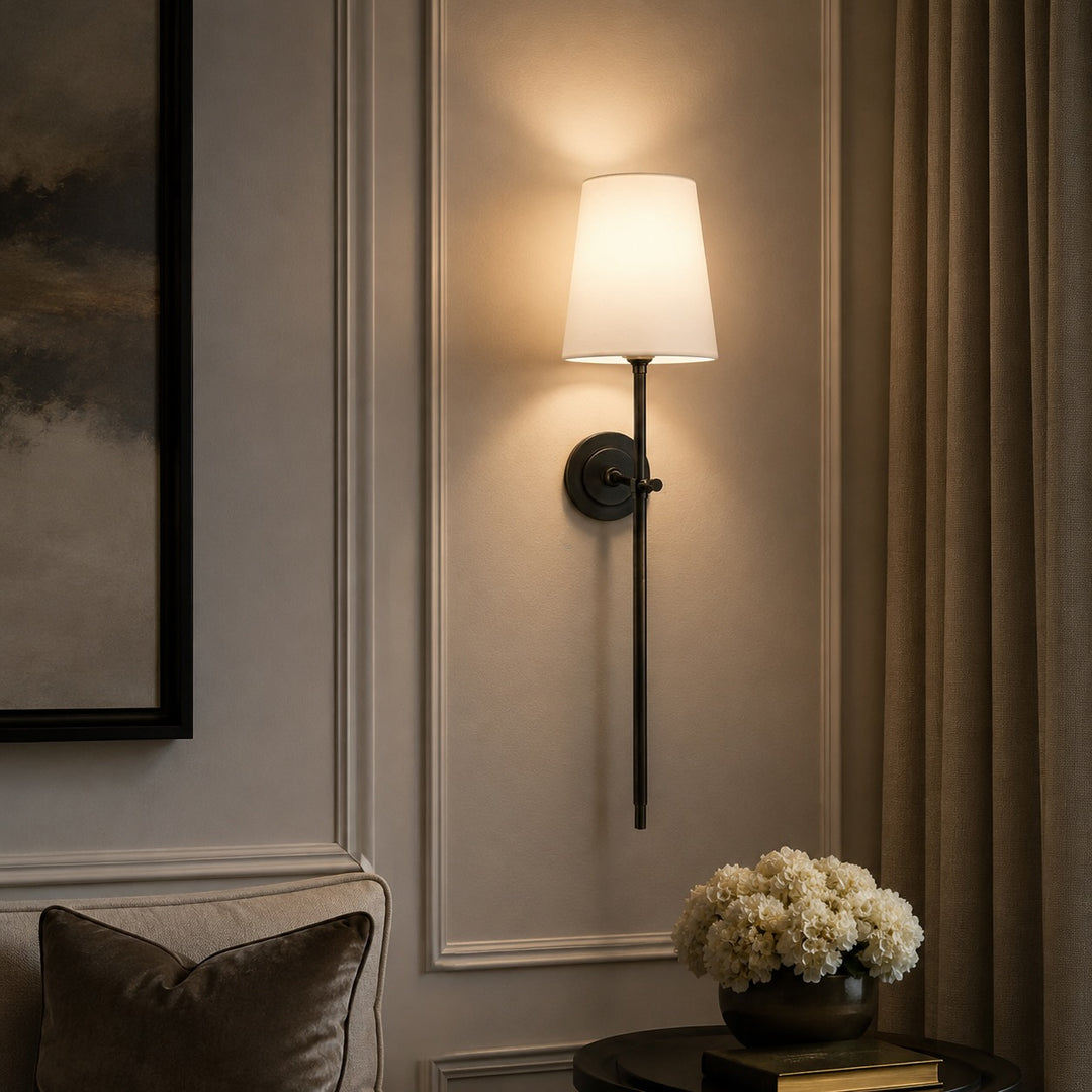 Modern Brass Wall Sconce Wall Mounted Tapered Fabric Shade LED Compatible Indoor Light
