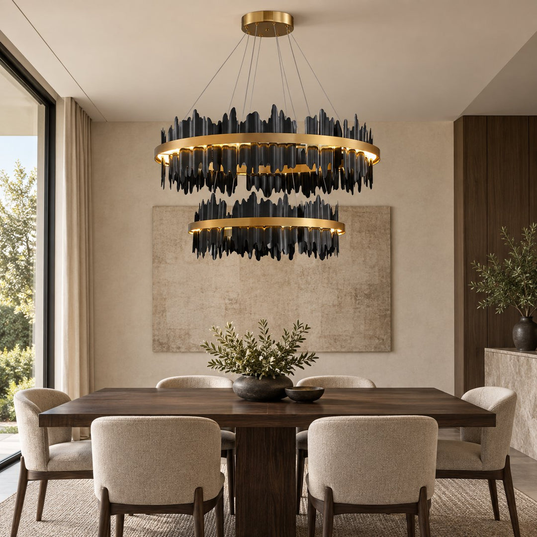 Modern Chandelier Adjustable Height Metal LED Dimmable Black Gold Finish Hanging Light Fixture