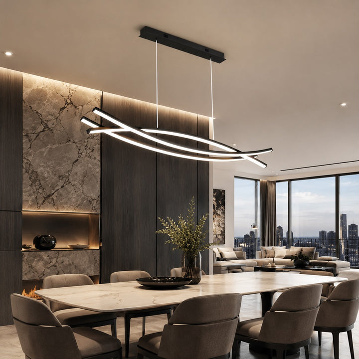 Modern Black Pendant Light Linear Hanging Aluminum LED Fixture with Adjustable Height Dimmable