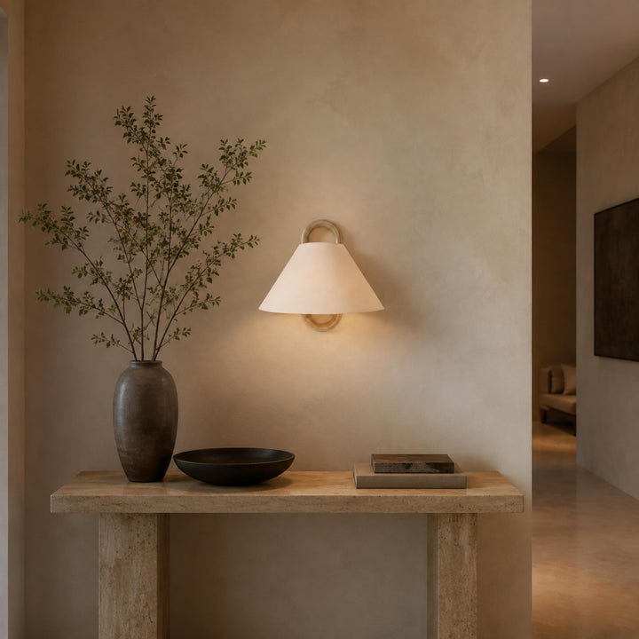 Minimalist Wall Light Wall Mounted Beech Wood Base Fabric Shade LED Soft Ambient Lighting