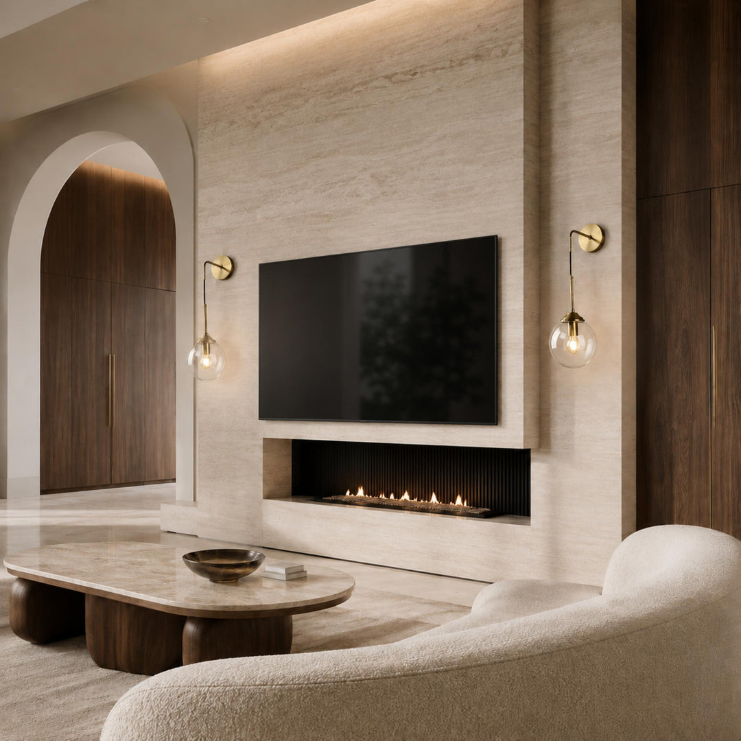 Modern Minimalist Wall Sconce Lighting Wall Mounted Glass Shade Metal Detailing LED Compatible