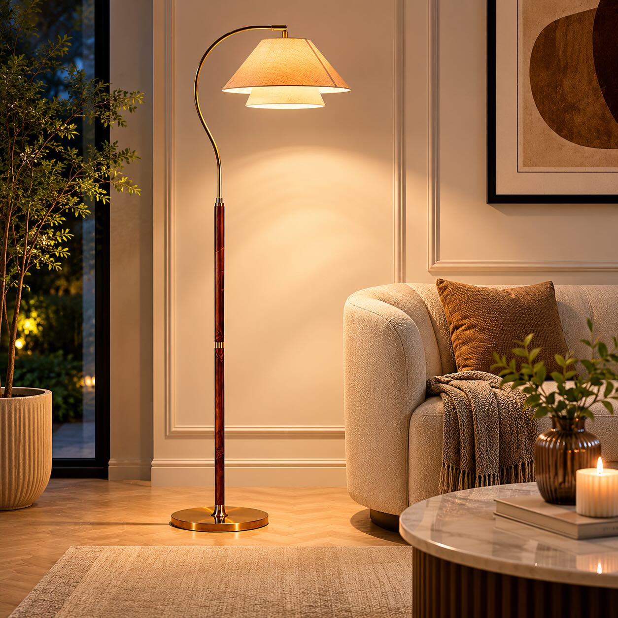 Modern floor lamp with a metal base and walnut and linen finish