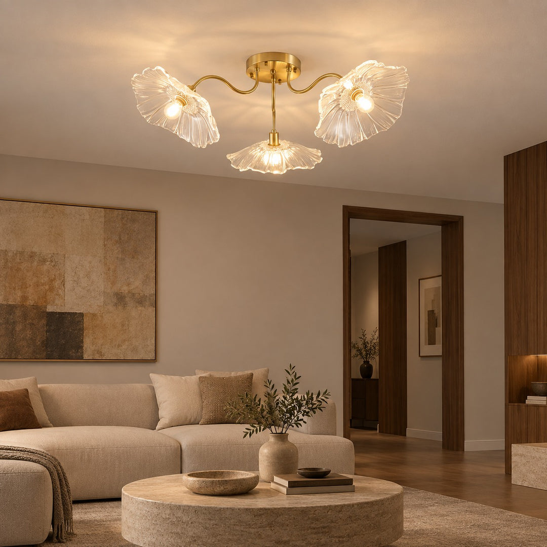 Modern Flush Mount Ceiling Light Fixture with Lotus Leaf Glass Shade and LED Technology