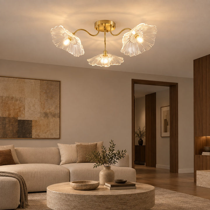 Modern Flush Mount Ceiling Light Fixture with Lotus Leaf Glass Shade and LED Technology