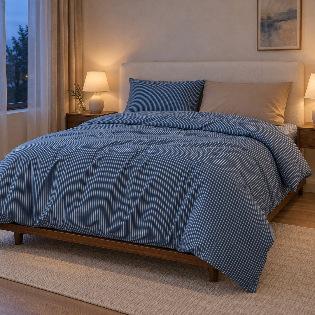 Minimalist Bedding Set Thin Striped Duvet Cover and Pillowcases Washed Cotton Breathable Comforter