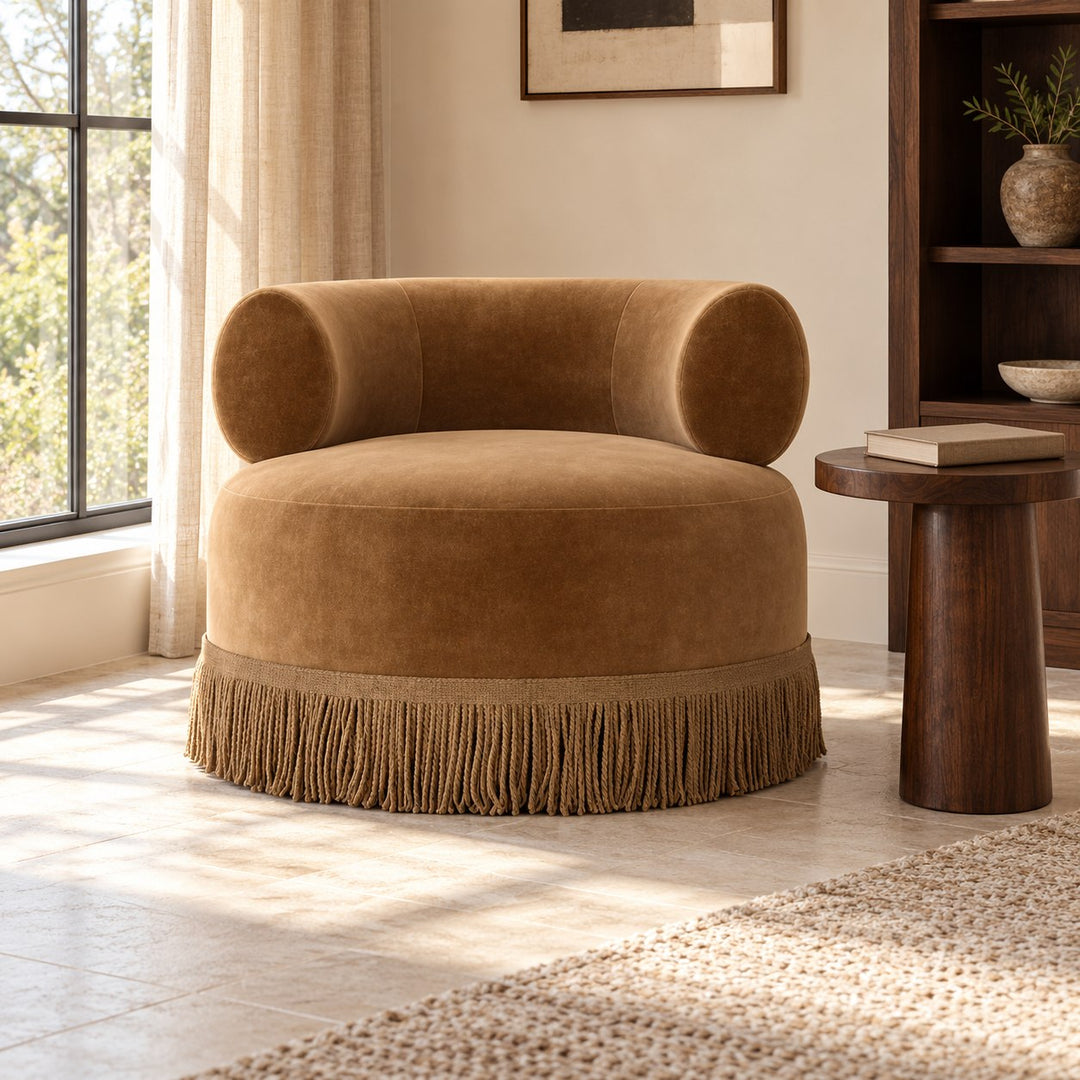 Modern Swivel Accent Chair Plush Fabric Oversized Seat With Playful Fringe Skirt