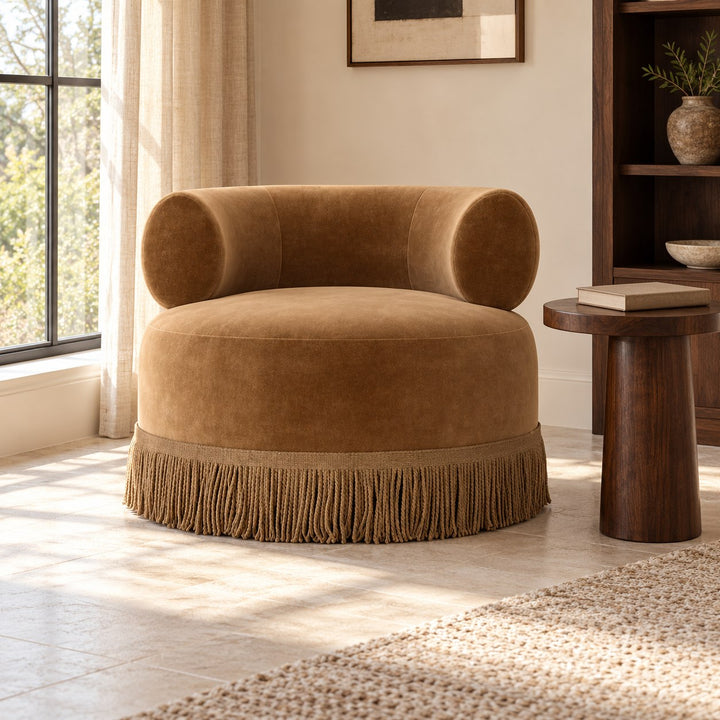 Modern Swivel Accent Chair Plush Fabric Oversized Seat With Playful Fringe Skirt