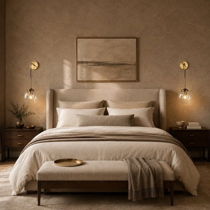 Modern Minimalist Wall Sconce Lighting Wall Mounted Glass Shade Metal Detailing LED Compatible