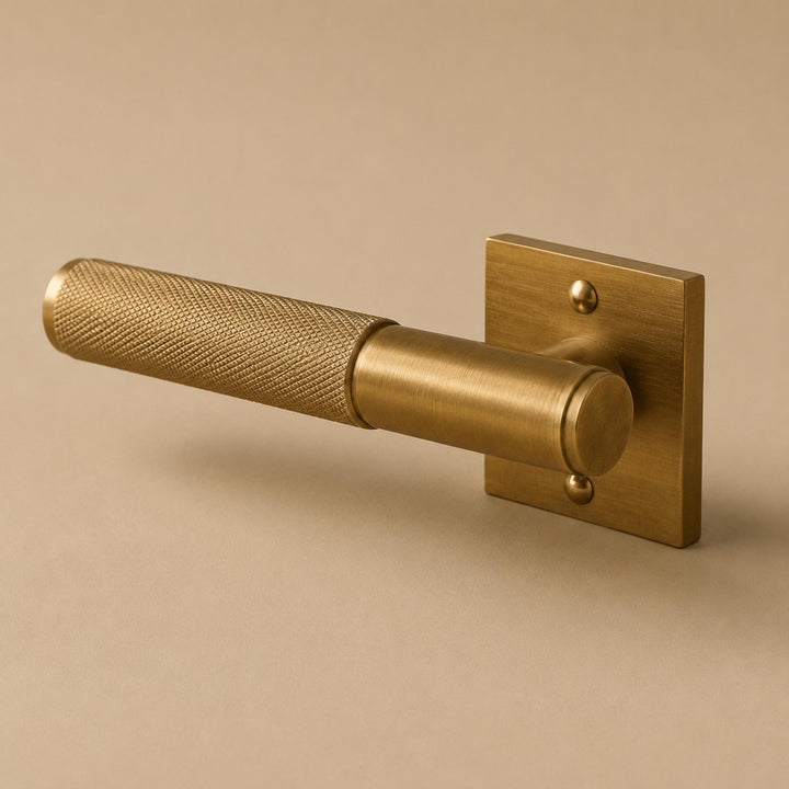 Modern Brass Door Handle with Knurled Grip and Square or Round Rosette for Internal Use