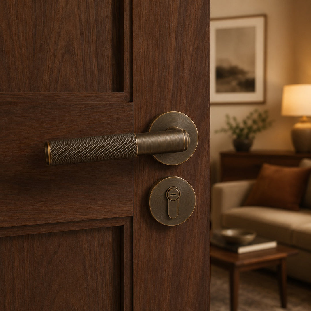 Modern Brass Door Handle with Knurled Grip and Square or Round Rosette for Internal Use