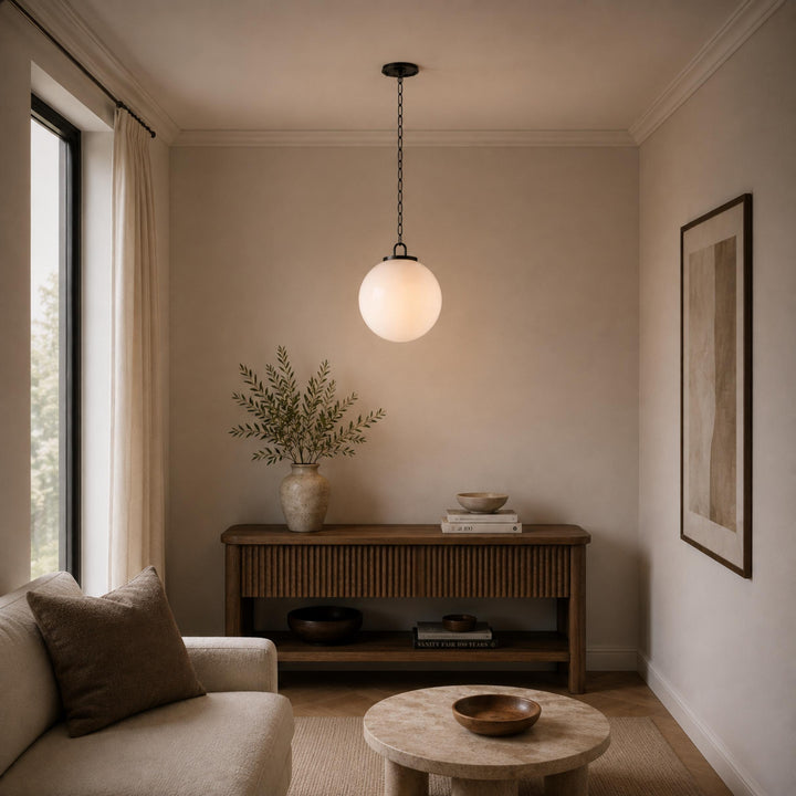Modern Glass Globe Pendant Light with Chain – Brass or Bronze, Clear or Milk Glass
