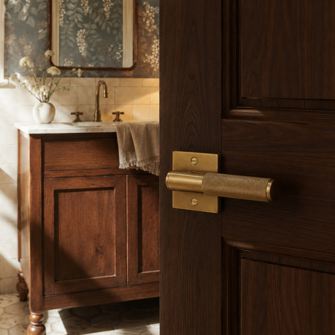 Modern Brass Door Handle with Knurled Grip and Square or Round Rosette for Internal Use