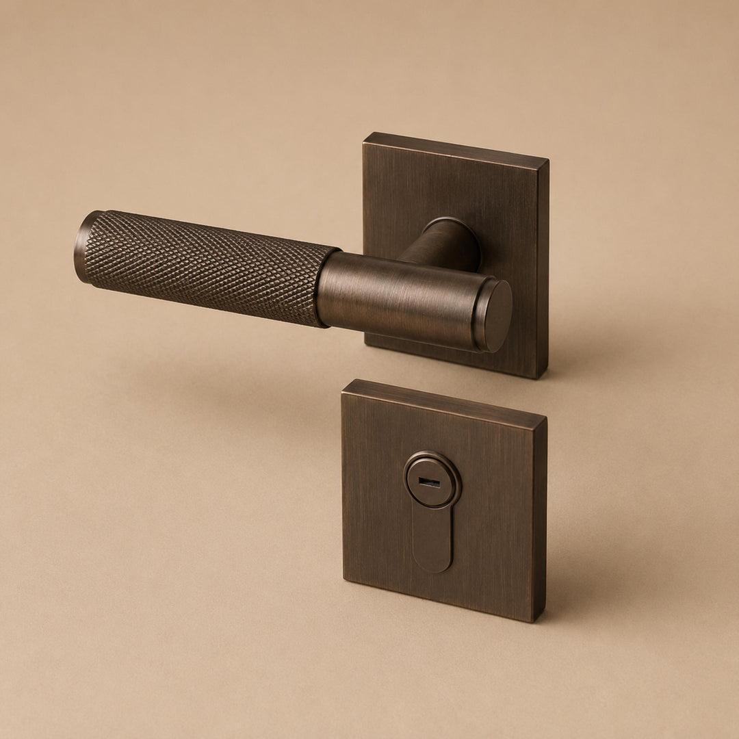 Modern Brass Door Handle with Knurled Grip and Square or Round Rosette for Internal Use