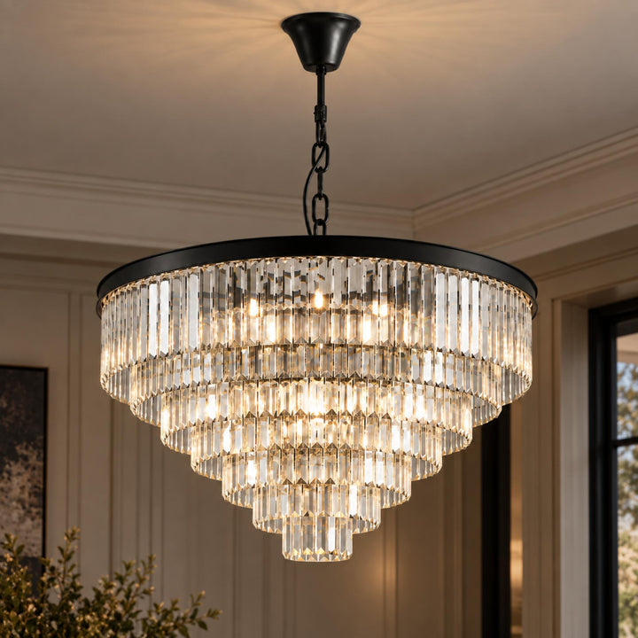 Modern Crystal Chandelier Hanging Light Fixture Metal Frame E12 Bulb Compatible Five or Seven Tiers
