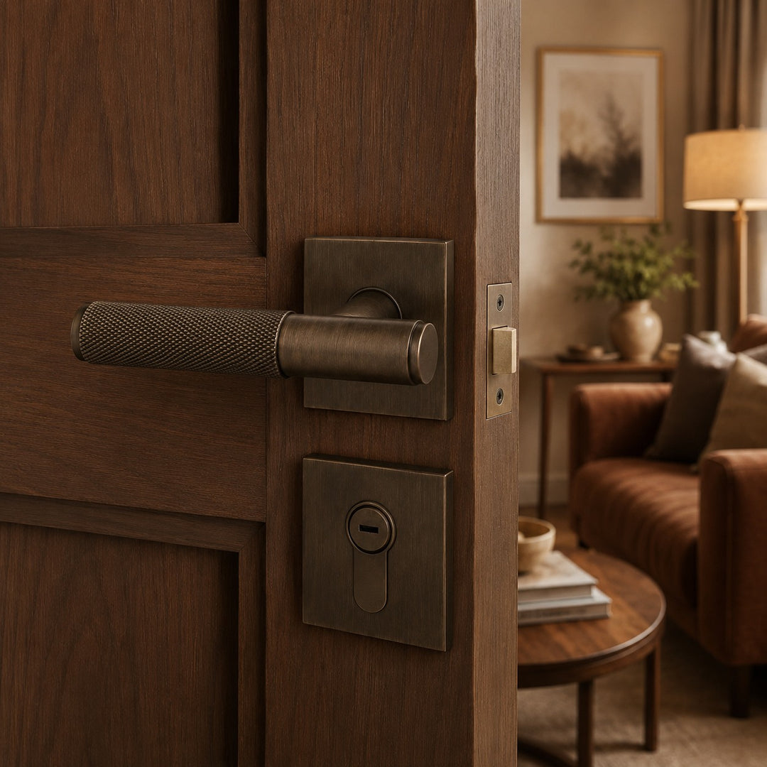 Modern Brass Door Handle with Knurled Grip and Square or Round Rosette for Internal Use