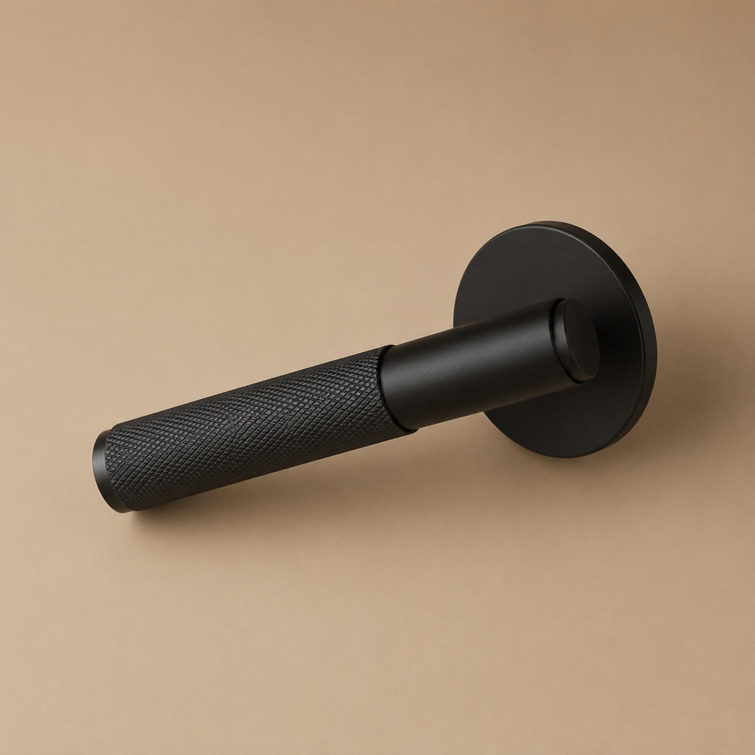 Modern Brass Door Handle with Knurled Grip and Square or Round Rosette for Internal Use